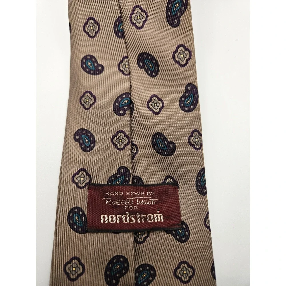 Robert Talbott Nordstrom Men Silk Tie Tan Purple Paisley Medallion Hand Sewn USA